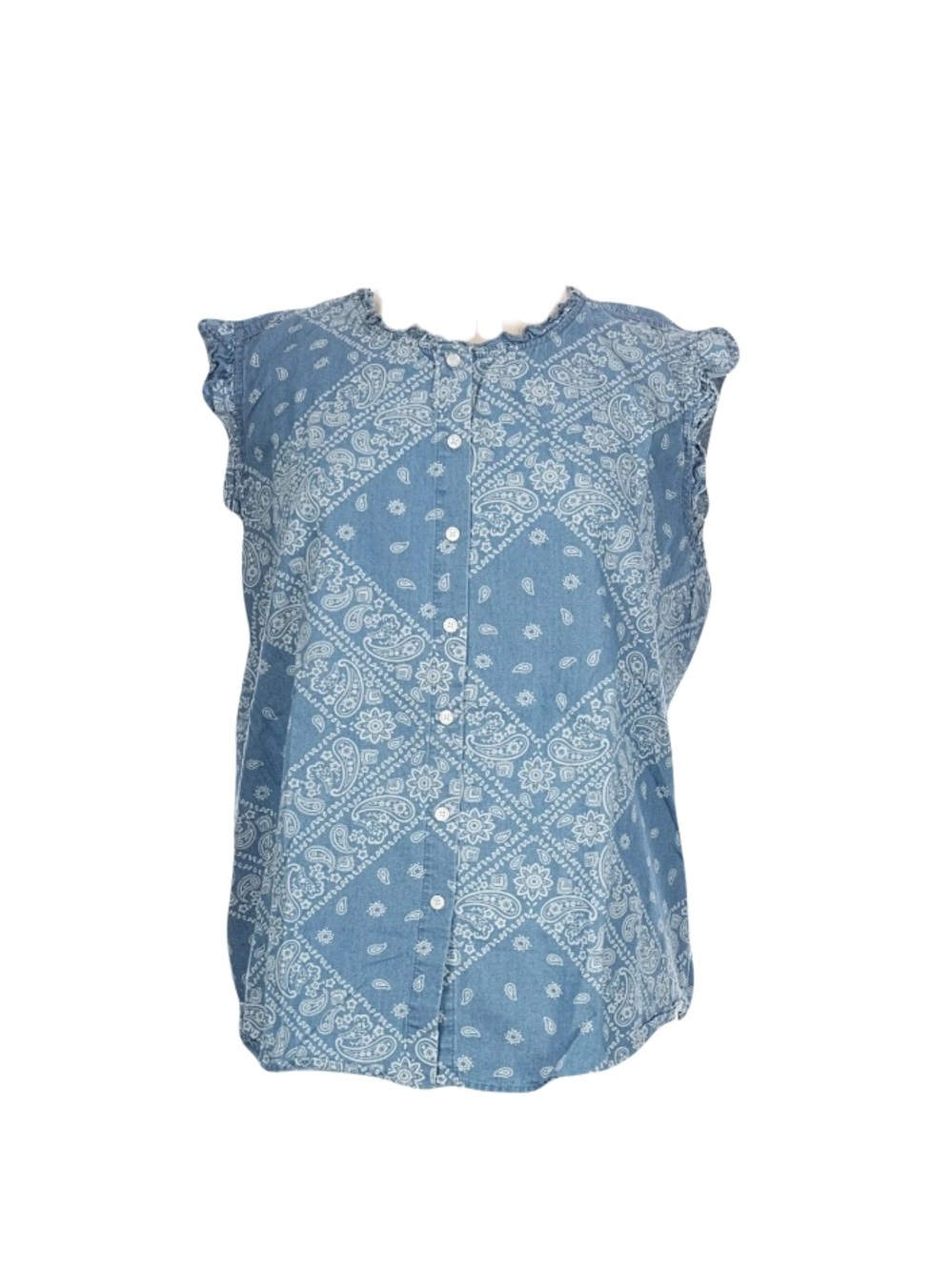 Sleeveless Blue Paisley Button-Front Top